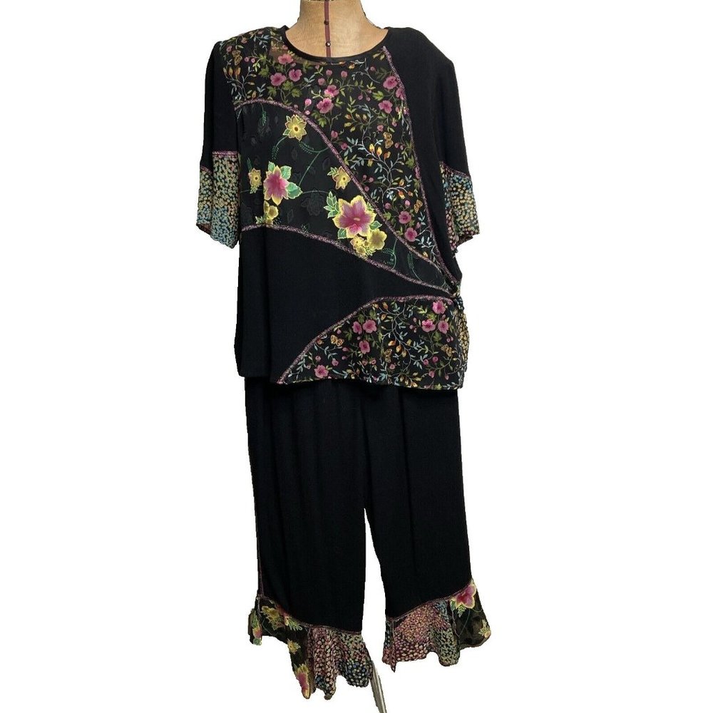 Tommy N LouLou Boho 2pc Pant Outfit Hippie Black Floral Handkerchief 90s Vntg L